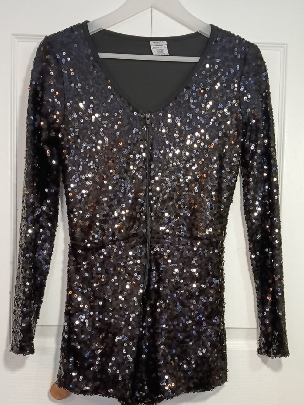 Spirit Black Sequin Long Sleeve V-Neck Zip Top Romper